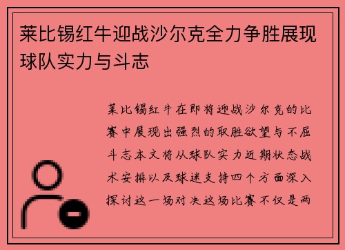 莱比锡红牛迎战沙尔克全力争胜展现球队实力与斗志