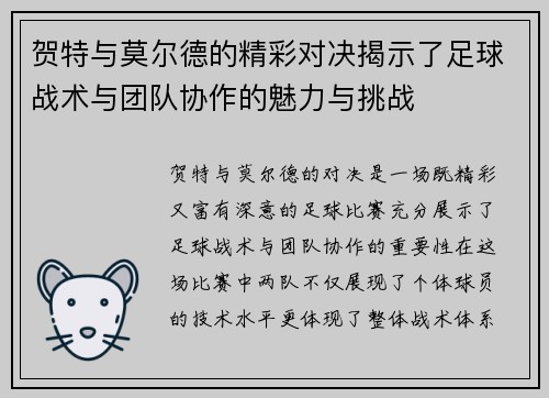 贺特与莫尔德的精彩对决揭示了足球战术与团队协作的魅力与挑战